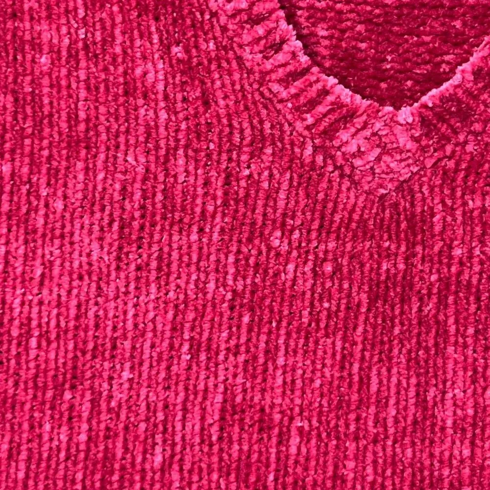MHD Ladies Pink V Neck Fringe Hem Sweater Velour Large Soft Comfy Cozy Textured - Picture 8 of 12